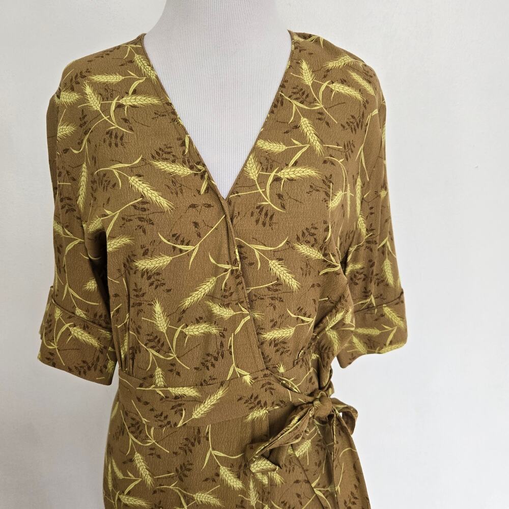& Other Stories Novelty Wheat Print Midi Dress Faux Wrap Brown Belted Women 6 - Picture 5 of 12